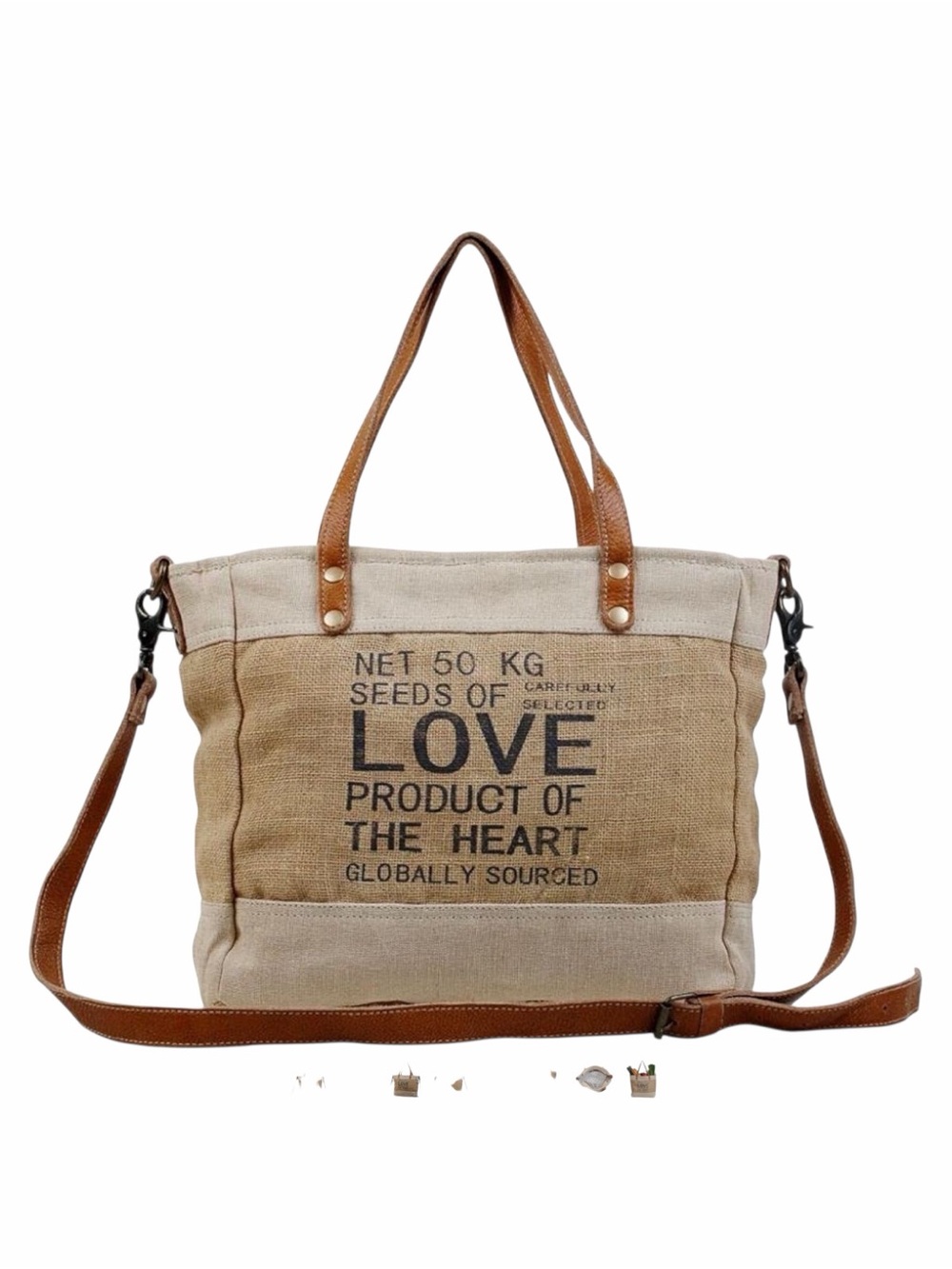 Myra Sustainable Organic Jute Market Tote Canvas Leather Shoulder Bag NWT